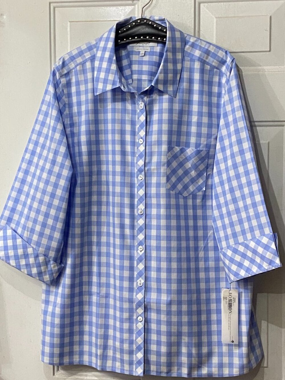 NWT Foxcroft Blue Buoy Sz 22W Shirt 3/4 Sleeve Button Up Blue/White Check